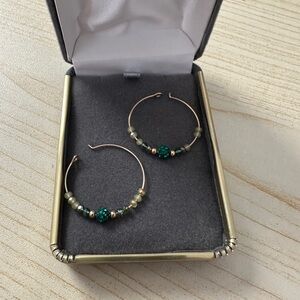 Gold Hoop Earrings with Green Beads